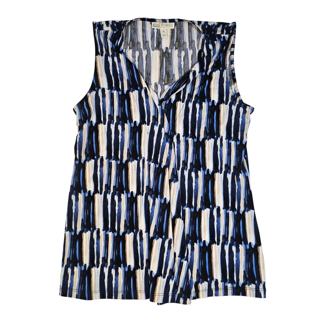 Dana Buchman Womens Small Sleeveless V-Neck Blouse Navy Blue Abstract Print Top